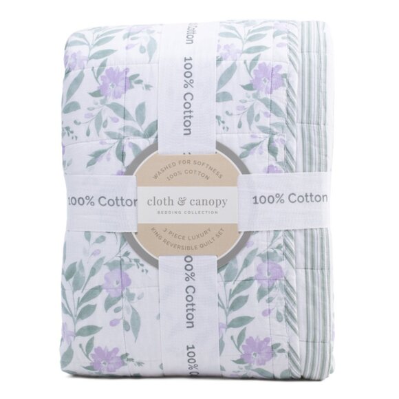 CLOTH & CANOPY Lavendar Mint 3pc Cotton Floral Quilt Set